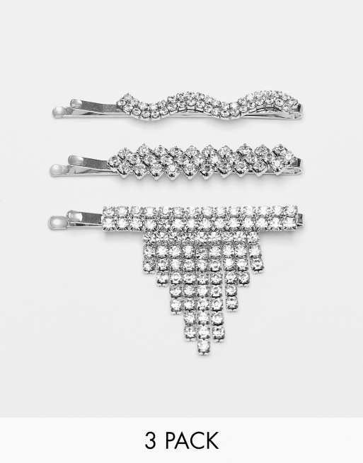 Topshop - Confezione da 3 fermagli per capelli color argento con cristalli