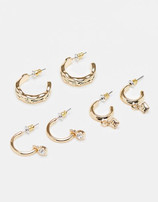Topshop - Confezione da 3 paia di orecchini a cerchio color oro con charm