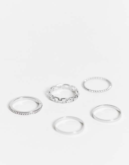 Topshop - Confezione multipack da 5 anelli color argento a catena e a sfere
