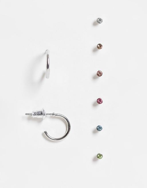 Topshop - Confezione multipack da 8 paia di orecchini a cerchio e a bottone color argento e pastello misti