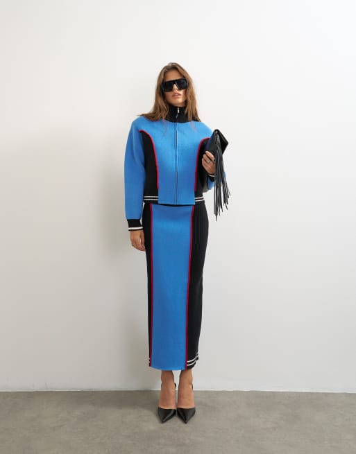 Topshop - Conjunto azul de falda de tubo midi y chaqueta acolchada con hombros marcados de punto