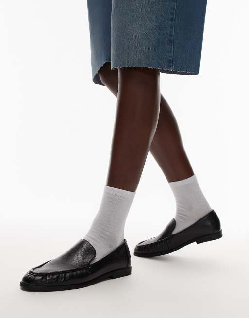 Topshop Connell ruched flat shoe loafers in black