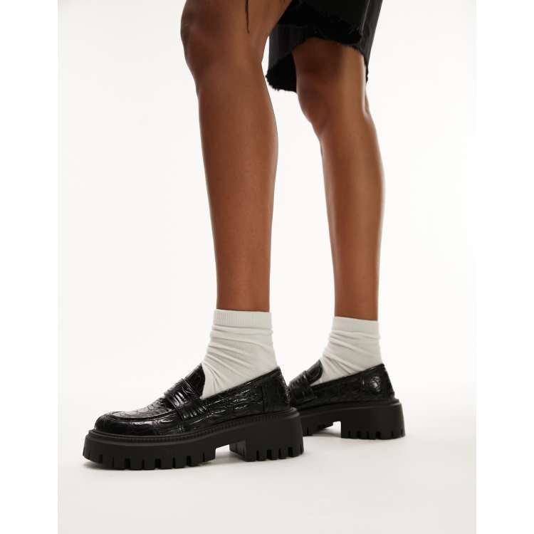 Topshop Connie chunky loafers in black croc | ASOS