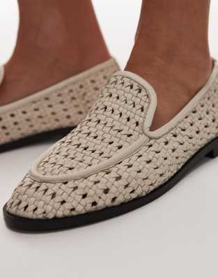 Topshop Connor Leather Woven Loafers In White