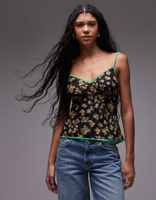 Topshop contrast binding cami in black floral print, 2 of 4