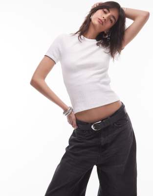 Topshop Contrast Binding Pointelle Tee In White