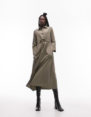 Topshop Contrast Bust Stitch Midi Shirt Dress In Khaki-green