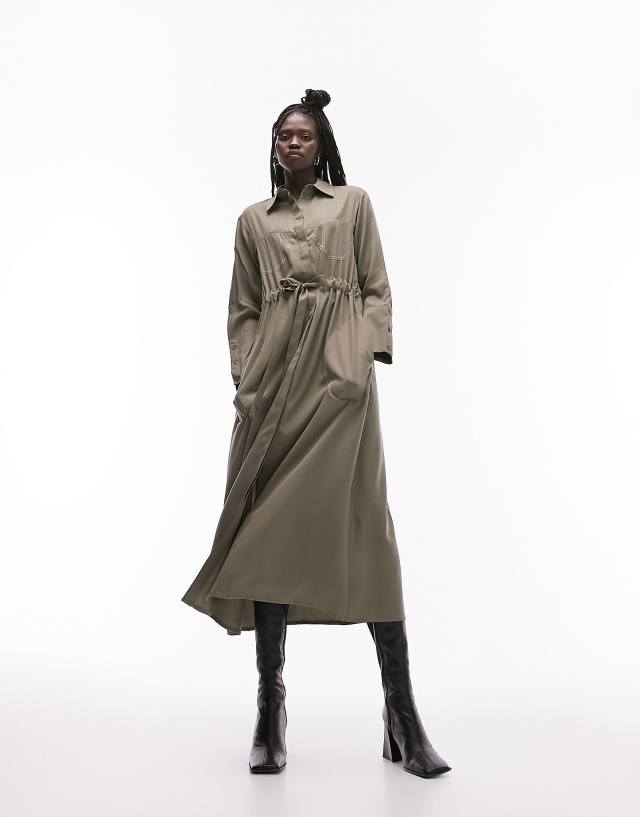 Topshop contrast bust stitch midi shirt dress in khaki