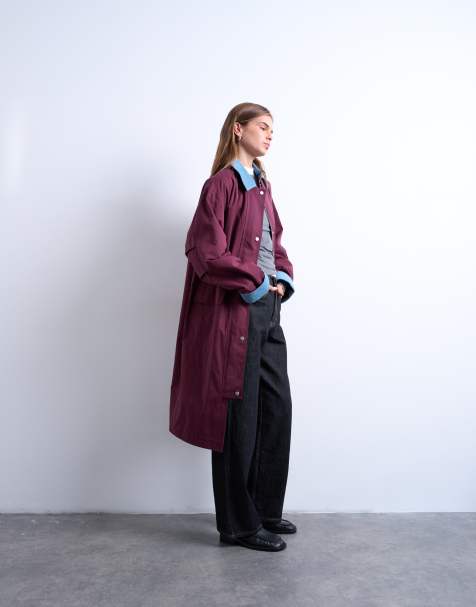 Topshop contrast collar longline shacket in burgundy