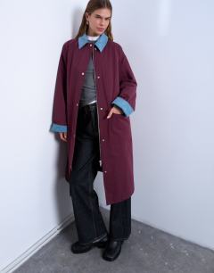 Model wearing Contrast collar longline shacket in burgundy