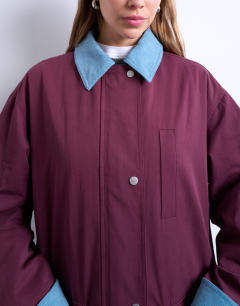 Model wearing Contrast collar longline shacket in burgundy
