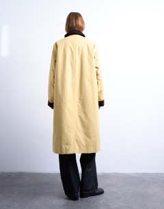 Model wearing Contrast collar longline shacket in mustard