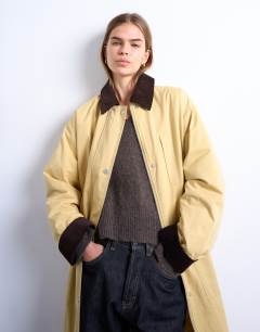 Model wearing Contrast collar longline shacket in mustard