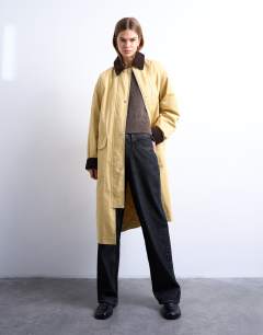 Model wearing Contrast collar longline shacket in mustard