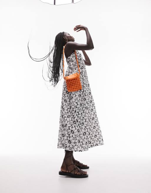 Topshop contrast color eyelet chuck on midi dress in mono