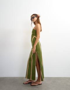 Contrast crochet detail bandeau maxi dress in green and peach