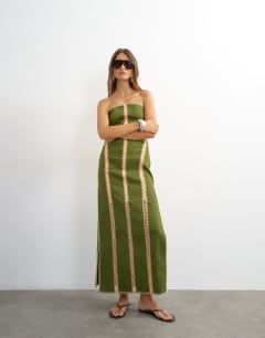 Model wearing Contrast crochet detail bandeau maxi dress in green and peach