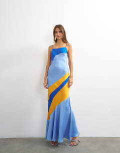 Contrast cut about maxi satin dress in blue and orange