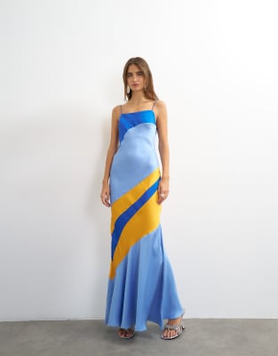 Topshop Contrast Cut About Satin Maxi Dress In Blue