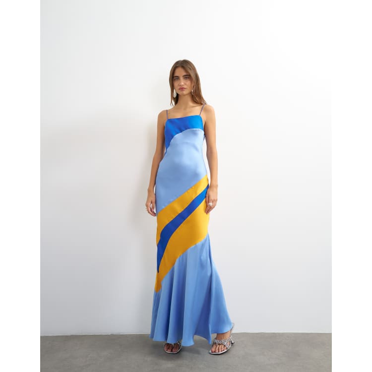 blue color contrast dress Topshop contrast cut about satin maxi dress in blue and orange
