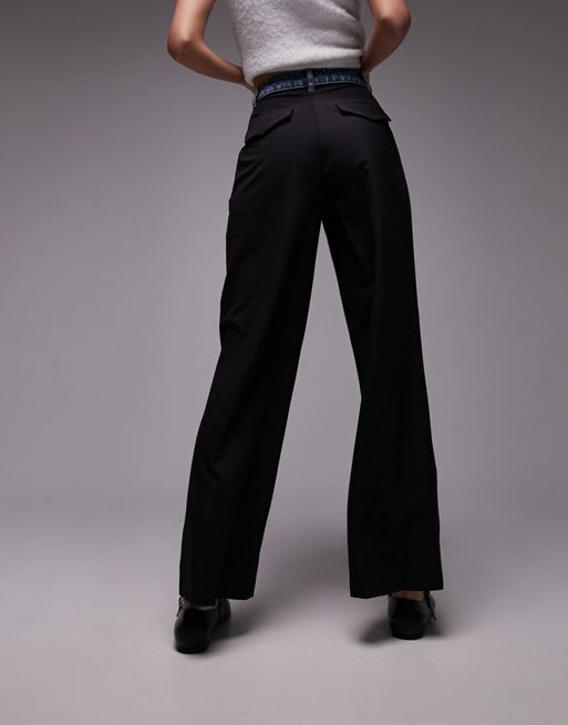 Topshop fold over waist yoga straight leg pants in black