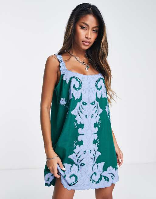 Topshop contrast embroidery mini strappy shift dress in green and blue ASOS