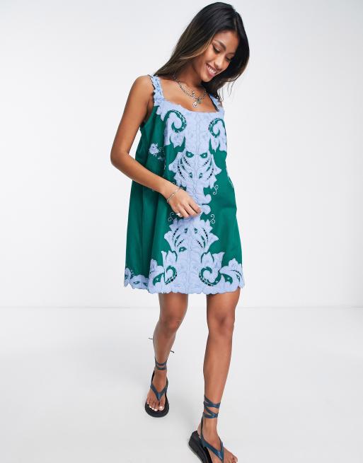 Topshop contrast embroidery mini strappy shift dress in green and