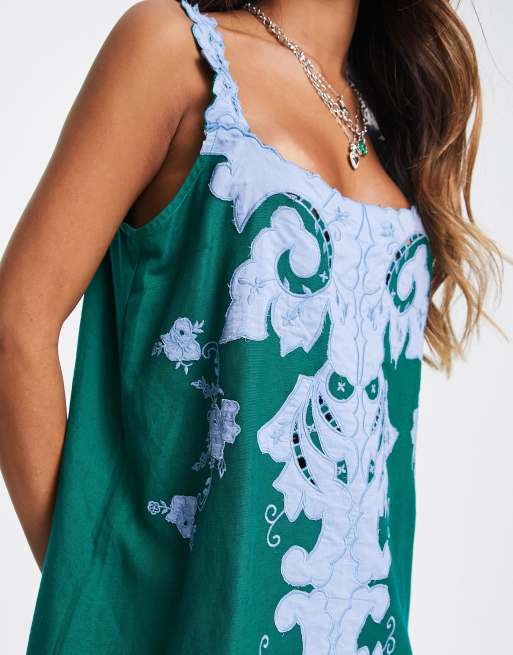 Topshop contrast embroidery mini strappy shift dress in green and blue , 4 of 4