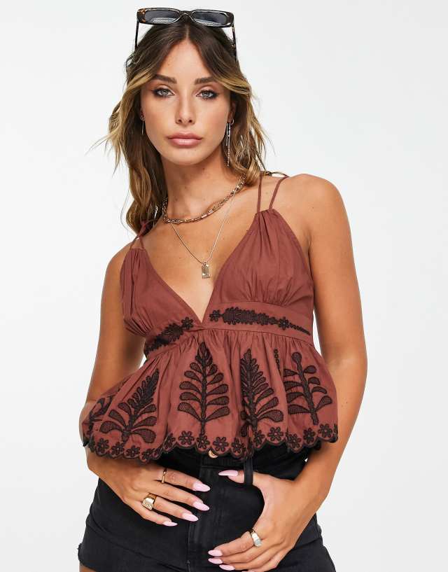 Topshop contrast eyelet plunge cami in rust