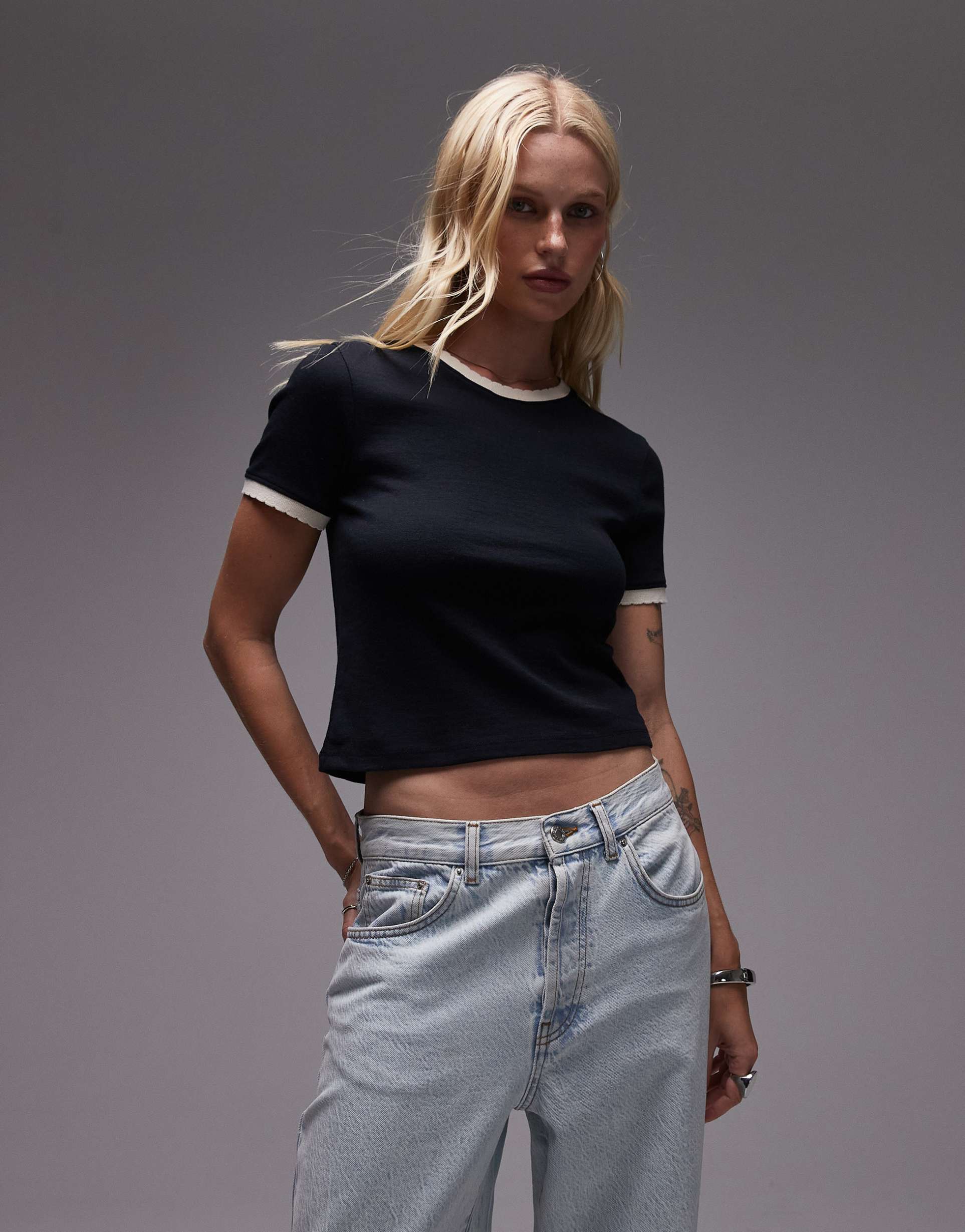 topshop contrast frill edge everyday tee in black
