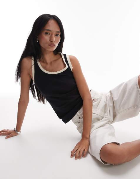 Topshop contrast frill edge scoop vest in black