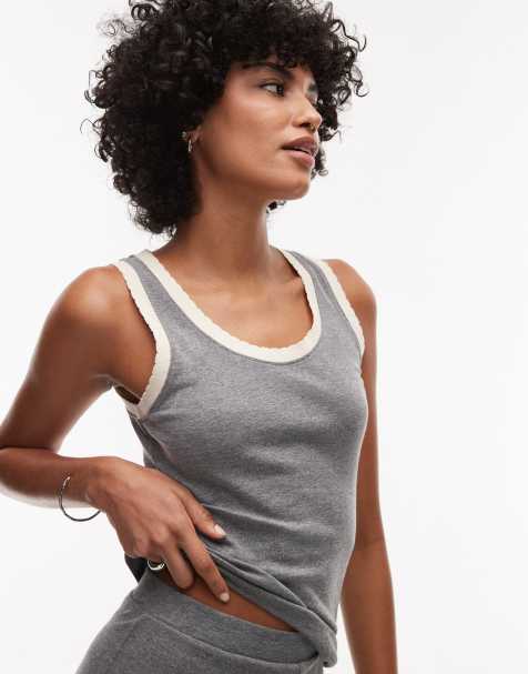 Topshop contrast frill edge scoop vest in grey marl - view 1