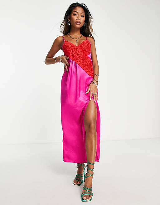 Topshop contrast lace color block slip dress in pink