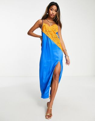 Topshop contrast lace colour block slip dress in blue with orange lace