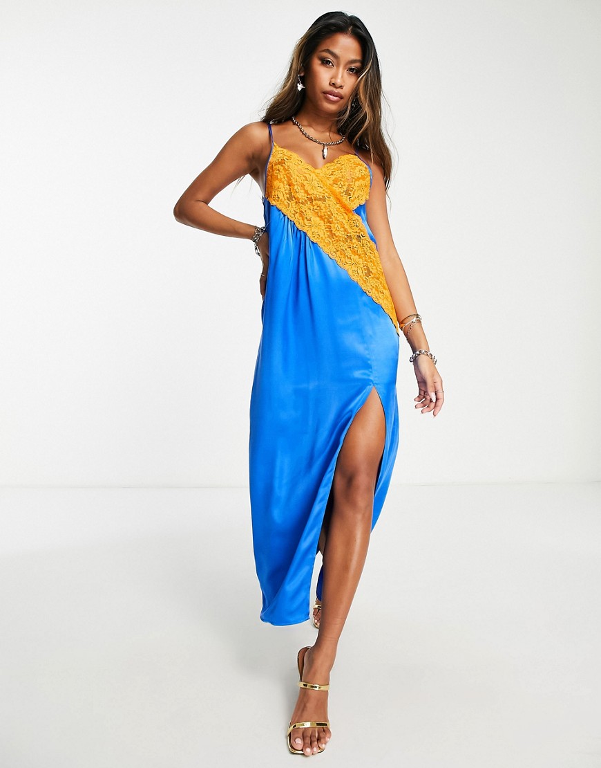 Topshop contrast lace colour block slip dress in blue with orange lace