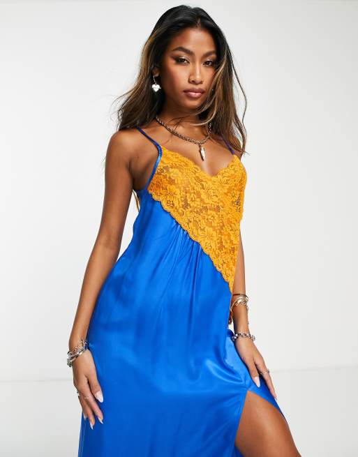 Topshop contrast lace colour block slip dress in blue with orange lace