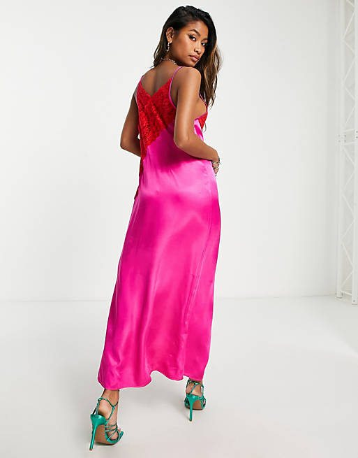 Topshop contrast lace colour block slip dress in pink