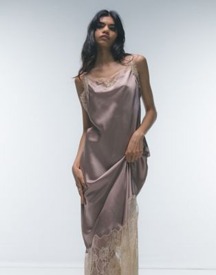 Topshop halter lace cut out satin midi slip dress in chocolate