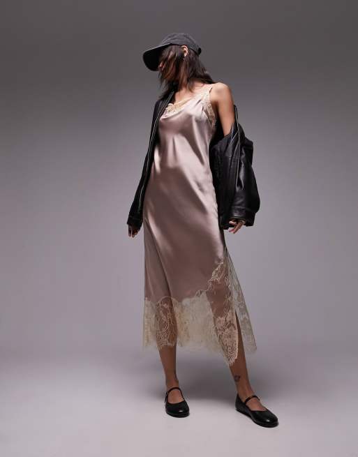 Topshop contrast lace midi slip dress in dusty pink, 5 of 6