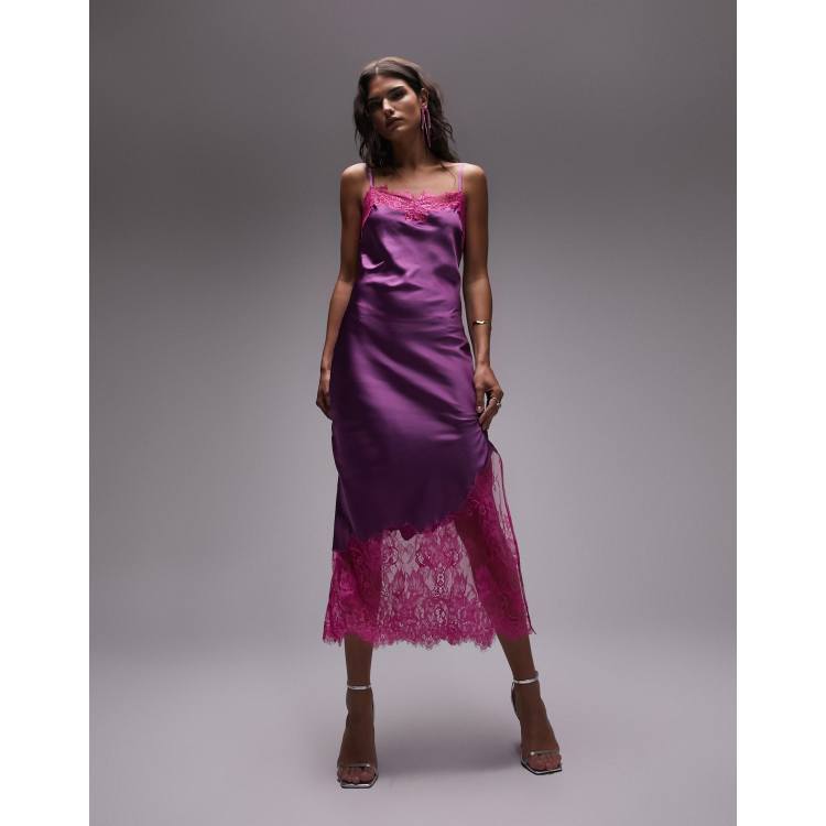 Topshop contrast lace midi slip dress in pink and purple | ASOS