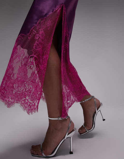 Topshop contrast lace midi slip dress in pink and purple | ASOS