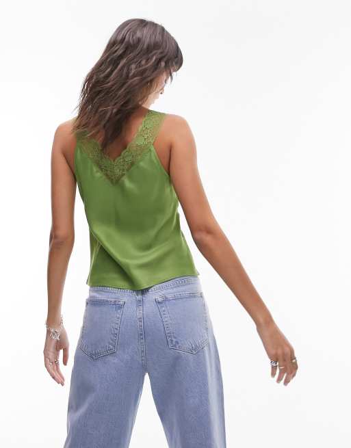 Topshop contrast lace trim cami top in green, 2 of 4