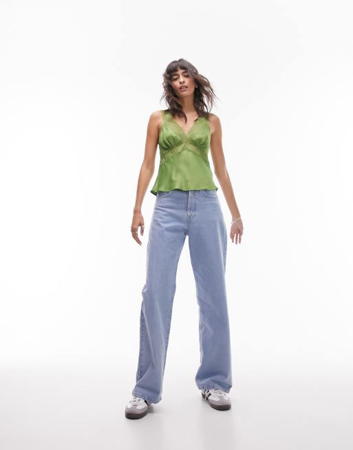 Topshop contrast lace trim cami top in green, 4 of 4