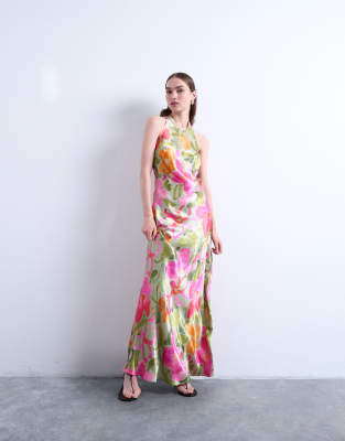 Topshop Contrast Layered Halter Neck Midi Dress In Multi