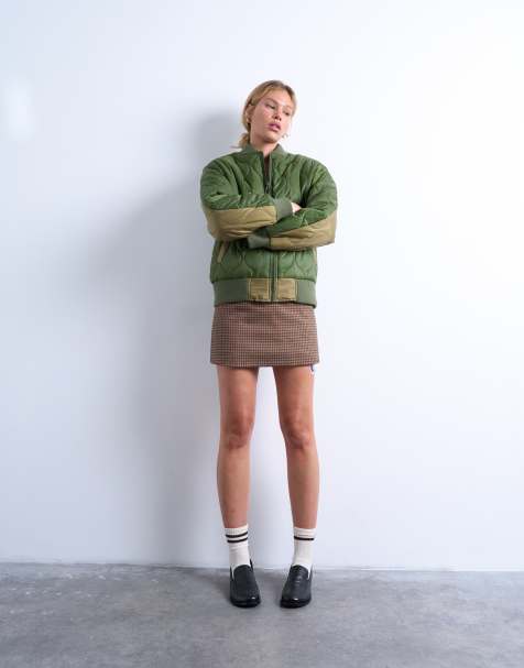 Topshop contrast liner bomber jacket in green - view 1
