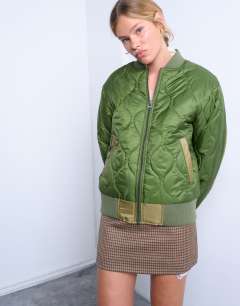 Model wearing Contrast liner bomber jacket in green