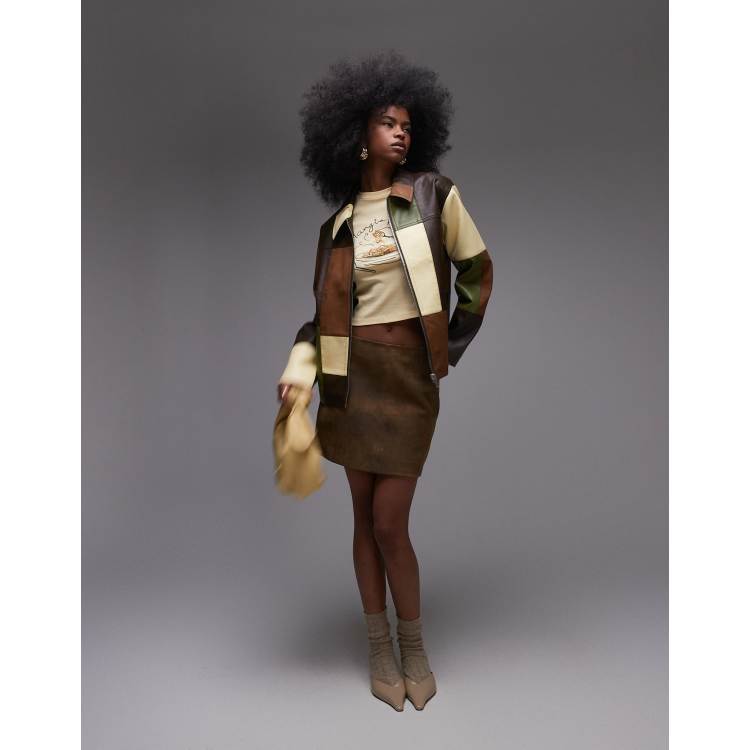 Topshop contrast panel detail zip through faux leather jacket in