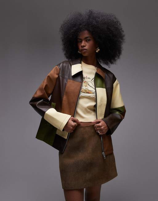 Topshop contrast panel detail zip through faux leather jacket in