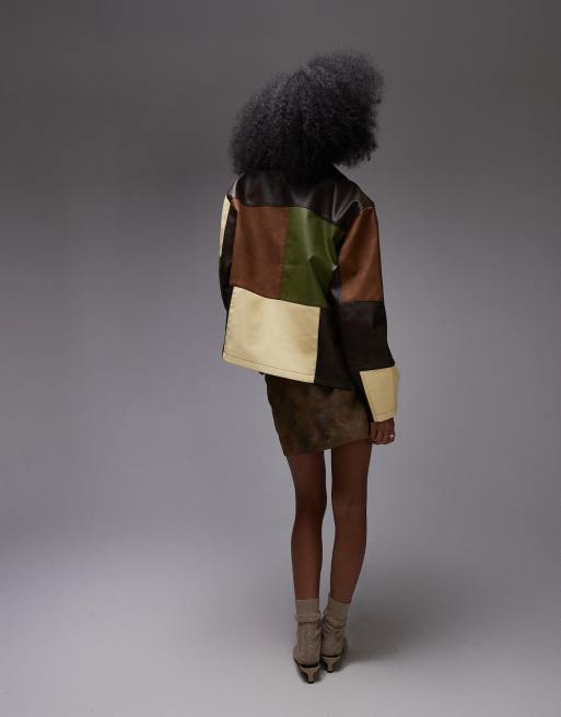 Topshop contrast panel detail zip through faux leather jacket in multi, 3 of 4