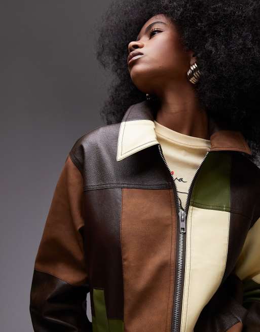 Topshop contrast panel detail zip through faux leather jacket in